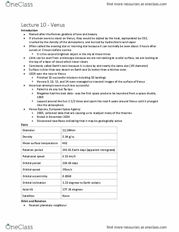 Earth Sciences 1086F/G Lecture Notes - Lecture 10: Orbital Eccentricity, Venera 9, Orbital Inclination thumbnail