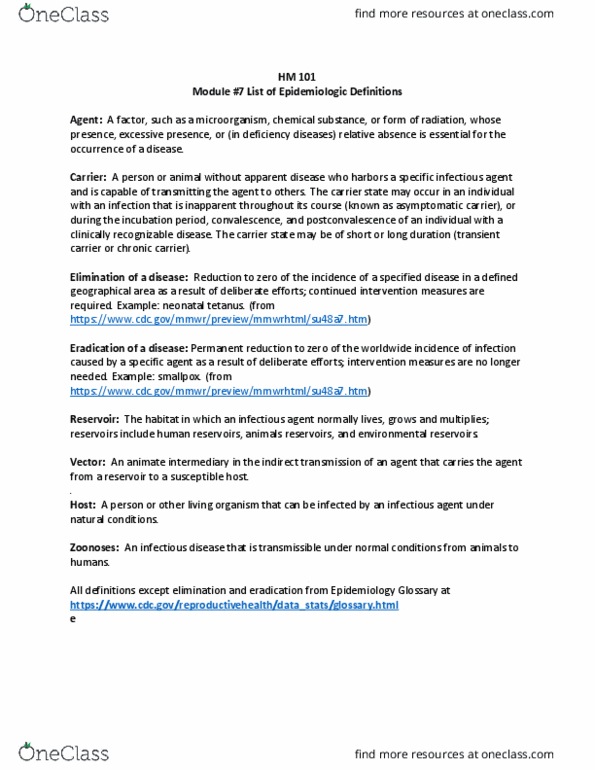 HM 101 Lecture Notes - Lecture 7: Asymptomatic Carrier, Neonatal Tetanus, Chemical Substance thumbnail