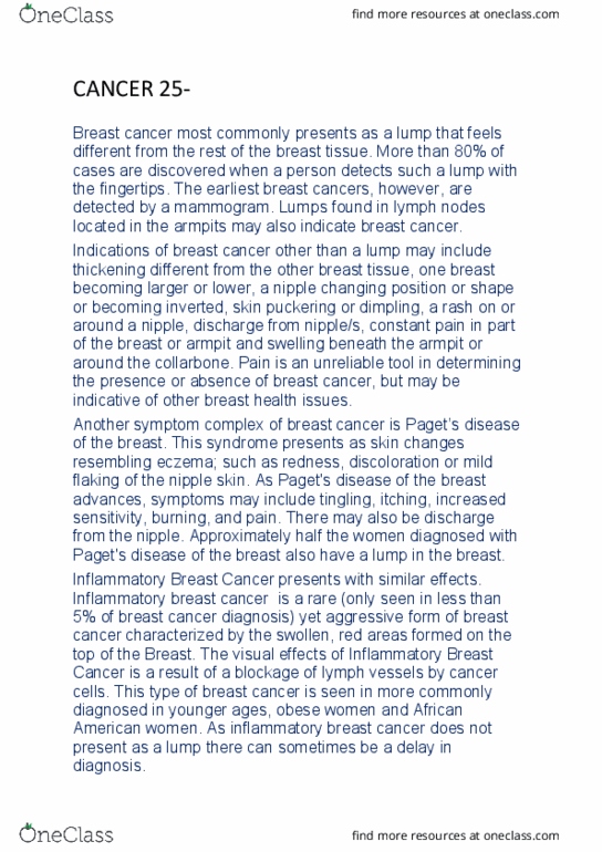 400981 Lecture Notes - Lecture 25: Inflammatory Breast Cancer, Mammography, Itch thumbnail