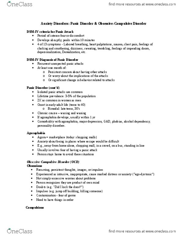 Psychology 2310A/B Lecture Notes - Panic Attack, Panic Disorder, Labored Breathing thumbnail