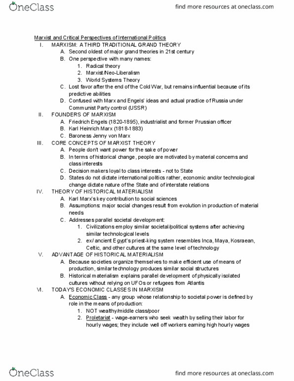 PSC 1003 Lecture Notes - Lecture 5: Friedrich Engels, World-Systems Theory, Kosraean Language thumbnail