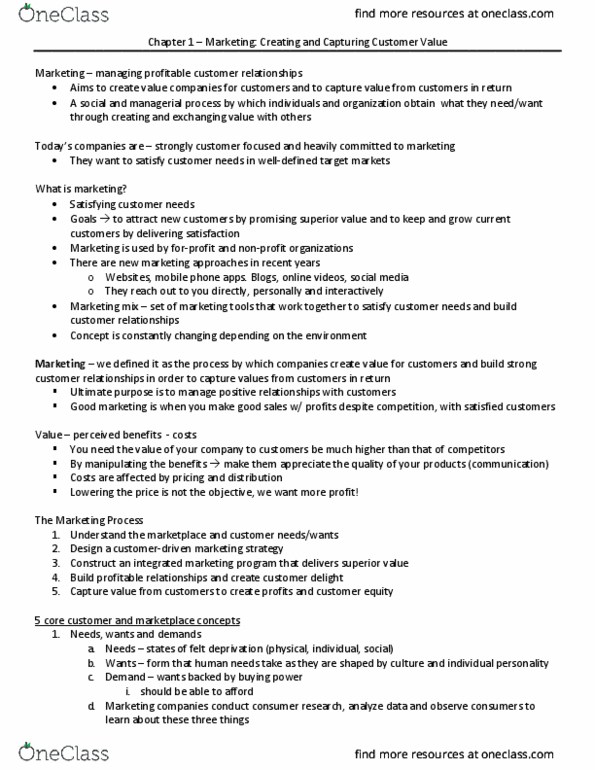 BUS 341 Lecture Notes - Lecture 1: Customer Satisfaction, Marketing Mix, Marketing Management thumbnail