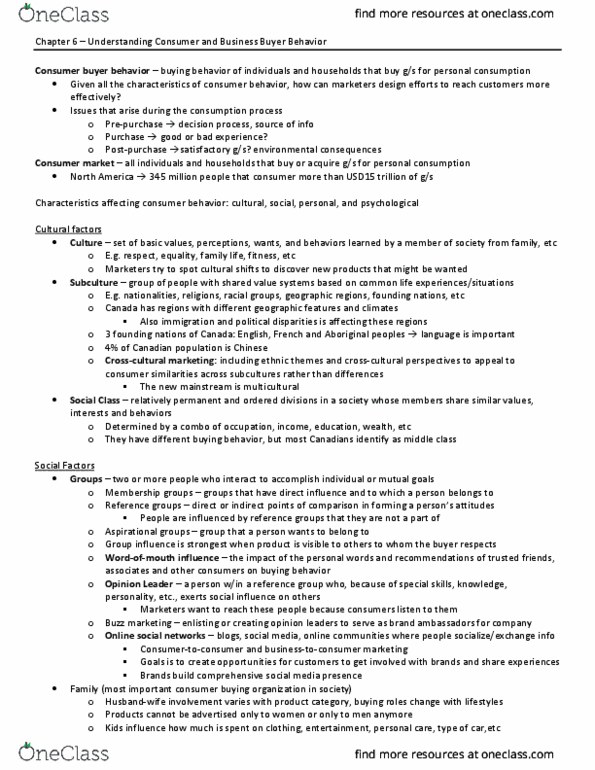 BUS 341 Lecture Notes - Lecture 6: Marketing Buzz, Reference Group, Subculture thumbnail