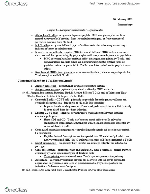 BIOL 4570 Chapter Notes - Chapter 6: Cytotoxic T Cell, Antigen Presentation, T Cell thumbnail