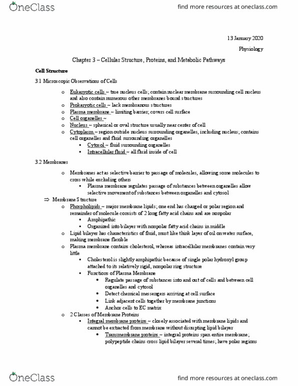 BIOL 3755 Chapter Notes - Chapter 3: Metabolic Pathway, Lipid Bilayer, Fluid Compartments thumbnail