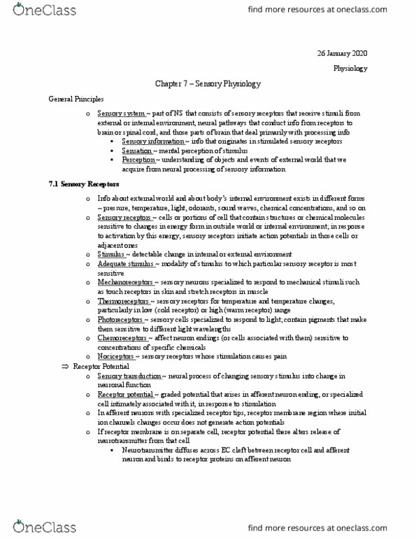 BIOL 3755 Chapter Notes - Chapter 7: Afferent Nerve Fiber, Sensory Neuron, Neural Pathway thumbnail