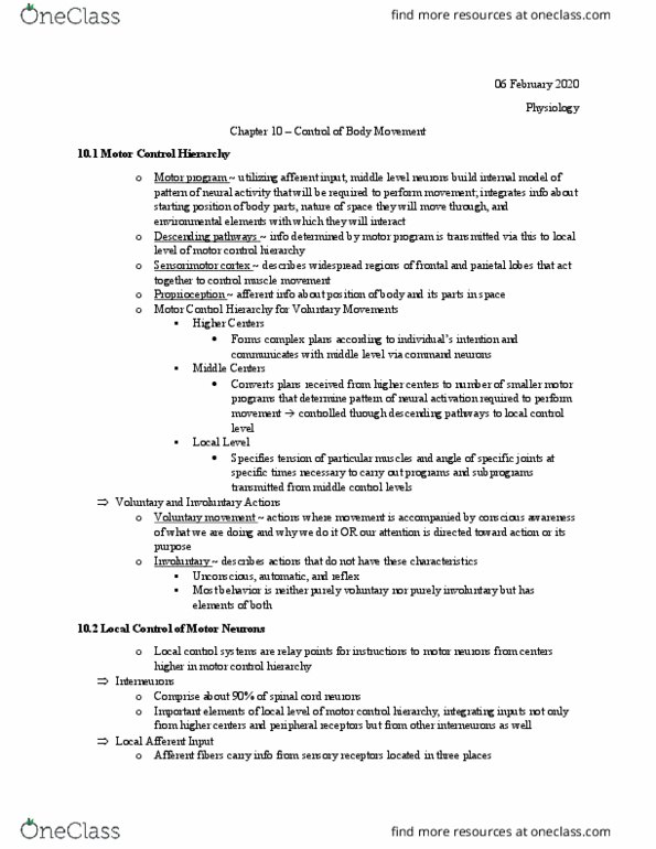 BIOL 3755 Chapter Notes - Chapter 10: Afferent Nerve Fiber, Motor Neuron, Motor Program thumbnail