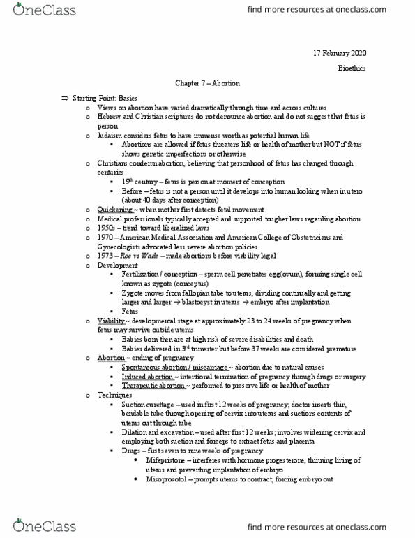 BIOL 4651 Chapter Notes - Chapter 7: American Medical Association, Therapeutic Abortion, Miscarriage thumbnail