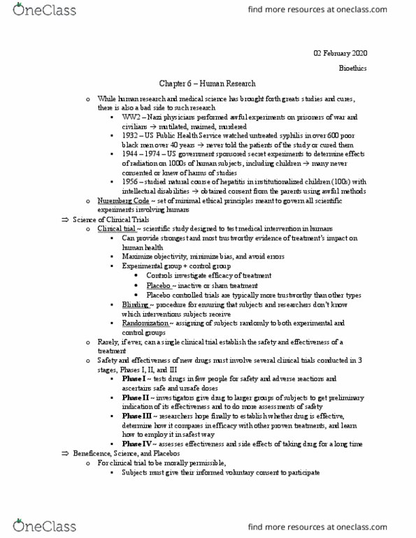 BIOL 4651 Chapter Notes - Chapter 6: United States Public Health Service, Randomized Controlled Trial, Nuremberg Code thumbnail