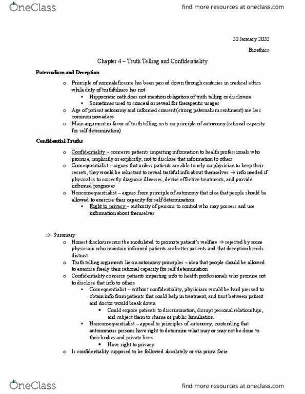 BIOL 4651 Chapter Notes - Chapter 4: Hippocratic Oath, Paternalism, Personal Relationships thumbnail