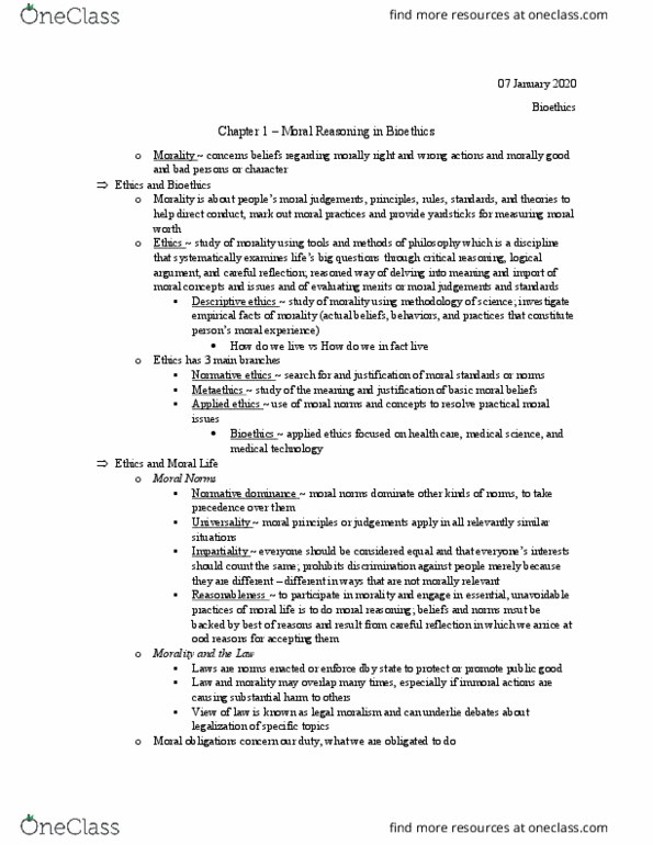 BIOL 4651 Chapter Notes - Chapter 1: Moral Reasoning, Normative Ethics, Applied Ethics thumbnail