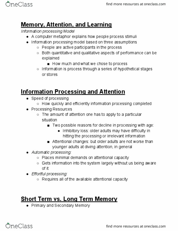 PSYC 405 Lecture Notes - Lecture 9: Situation Two, Long-Term Memory, Information Processing thumbnail