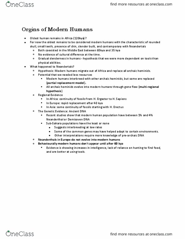 ANTHR101 Lecture Notes - Lecture 16: Multiregional Origin Of Modern Humans, Neanderthal, Ancient Dna thumbnail