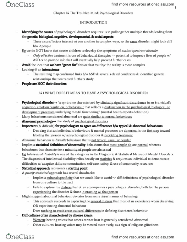 PSY100H1 Chapter Notes - Chapter 14: Autism Spectrum, Abnormal Psychology, Dissociative Identity Disorder thumbnail