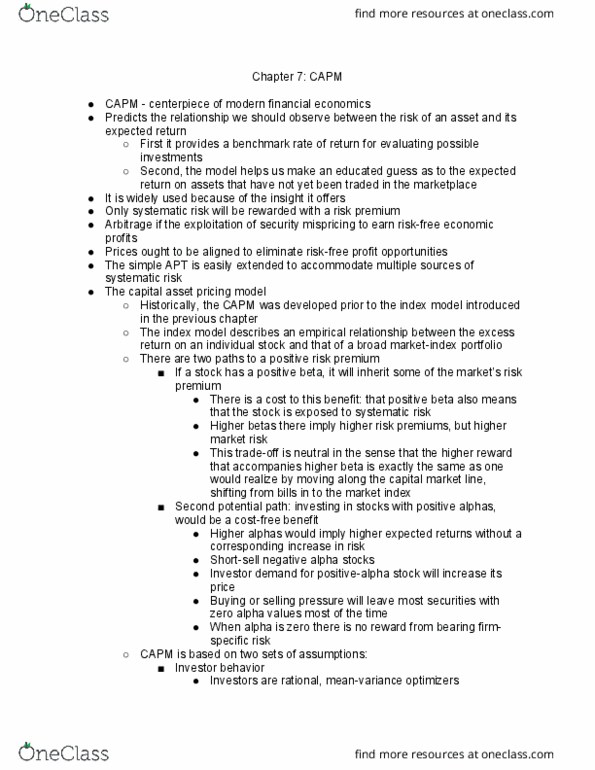FINA 4310 Chapter Notes - Chapter 7: Risk Premium, Systematic Risk, Capital Asset Pricing Model thumbnail