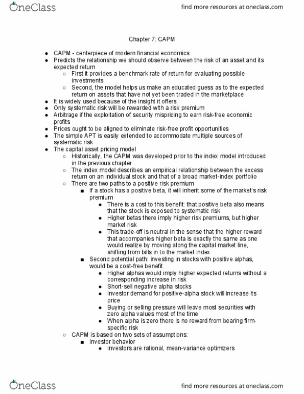 FINA 4310 Chapter Notes - Chapter 7: Risk Premium, Systematic Risk, Capital Asset Pricing Model thumbnail