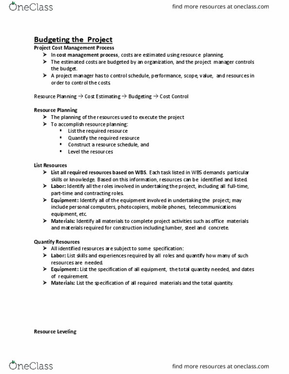 GMS 450 Lecture Notes - Lecture 5: Cost Accounting, Work Breakdown Structure, Direct Labor Cost thumbnail