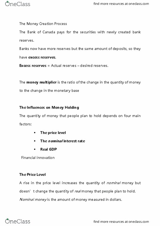 Economics 1022A/B Lecture Notes - Lecture 16: Nominal Interest Rate, Bank Reserves, Excess Reserves cover image