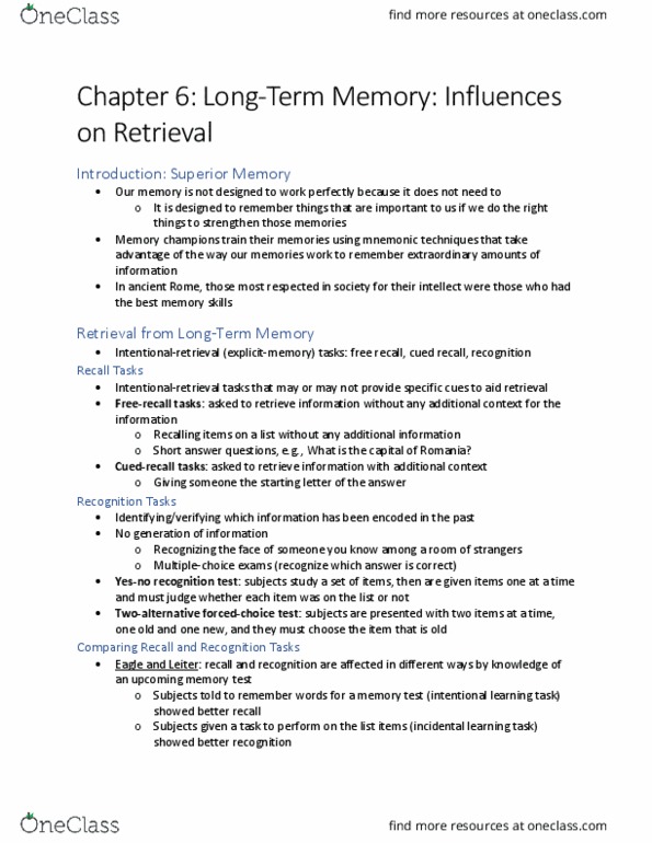 PSYC 3350 Chapter Notes - Chapter 6: Long-Term Memory, Free Recall, Mnemonic thumbnail