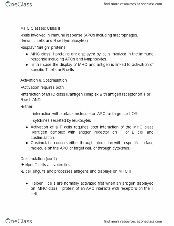 BIOL 221 Lecture Notes - Lecture 6: T Helper Cell, Mhc Class Ii, Co-Stimulation thumbnail