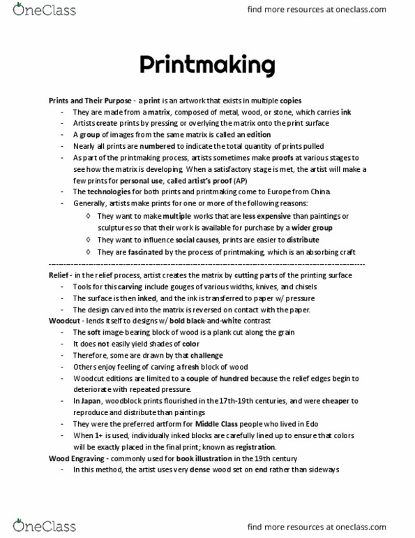 ARH 2000 Chapter Notes - Chapter 8: Printmaking, Relief Printing, Drypoint thumbnail