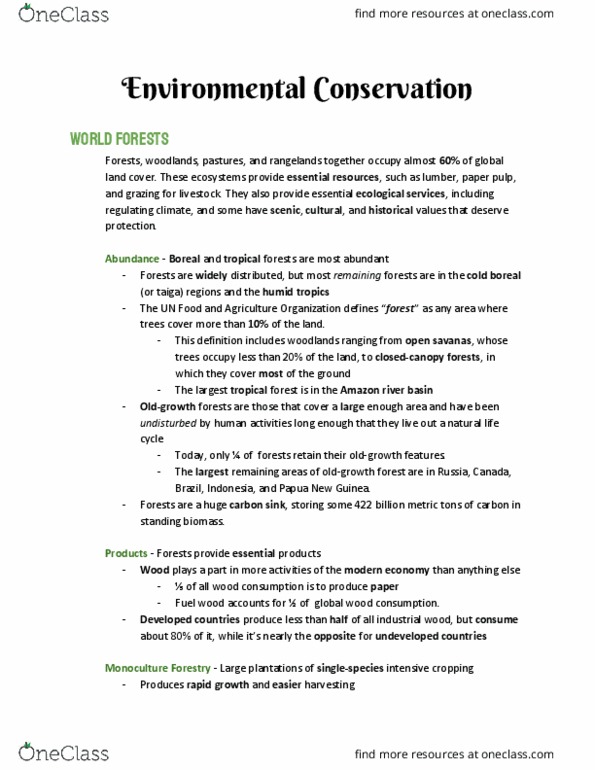 EVR 1001 Chapter Notes - Chapter 6: Carbon Sink, Essential Products, Sustainable Forest Management thumbnail