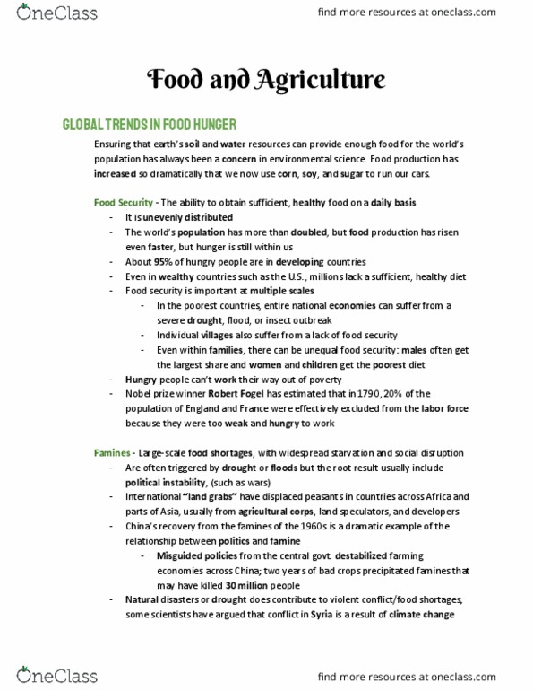 EVR 1001 Chapter Notes - Chapter 7: Robert Fogel, Food Security, Community-Supported Agriculture thumbnail