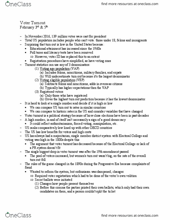 POLS 125 Lecture Notes - Lecture 6: Voting Age, Voter Registration, Nineteenth Amendment To The United States Constitution thumbnail