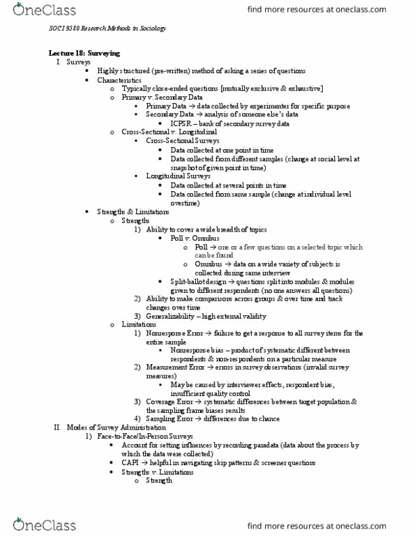 SOCI 3580 Lecture Notes - Lecture 18: Sampling Frame, Data Analysis, Likert Scale thumbnail