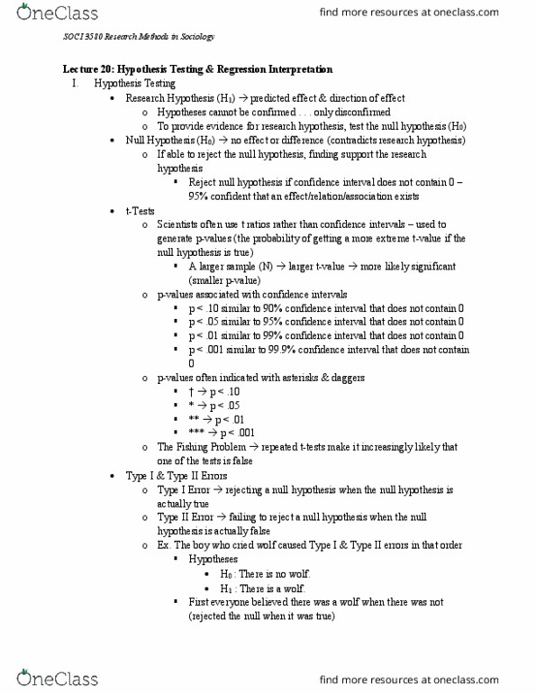 SOCI 3580 Lecture Notes - Lecture 20: Type I And Type Ii Errors, Null Hypothesis, Confidence Interval thumbnail