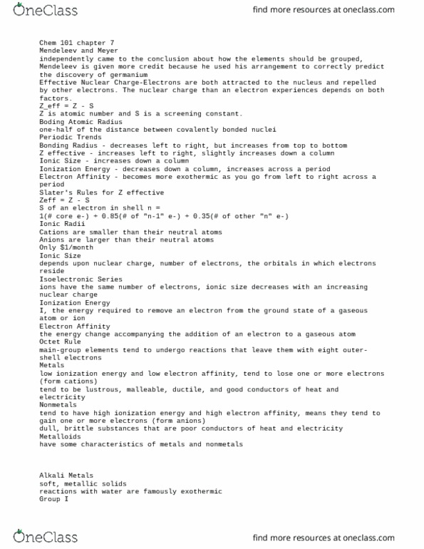 CHEM 101 Lecture Notes - Lecture 7: Electron Affinity, Metal, Atomic Number thumbnail