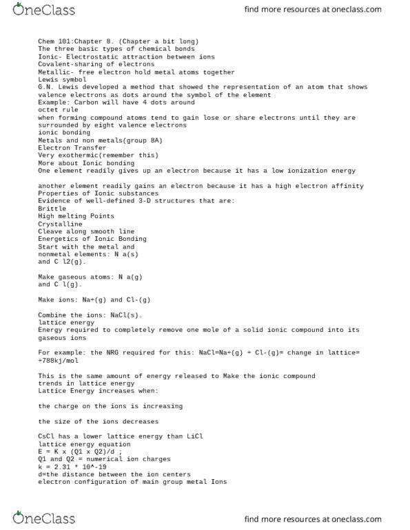 CHEM 101 Lecture Notes - Lecture 8: Lattice Energy, Ionic Compound, Ionic Bonding thumbnail