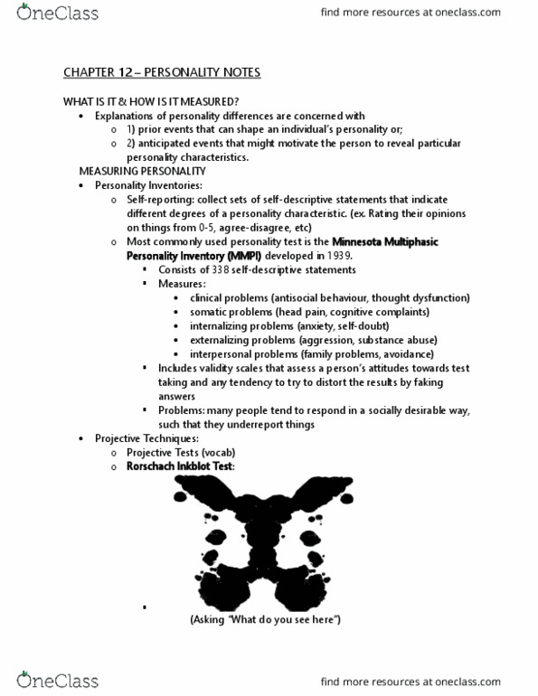 CRIM 103 Lecture Notes - Lecture 12: Rorschach Test, Conscientiousness, Thematic Apperception Test thumbnail