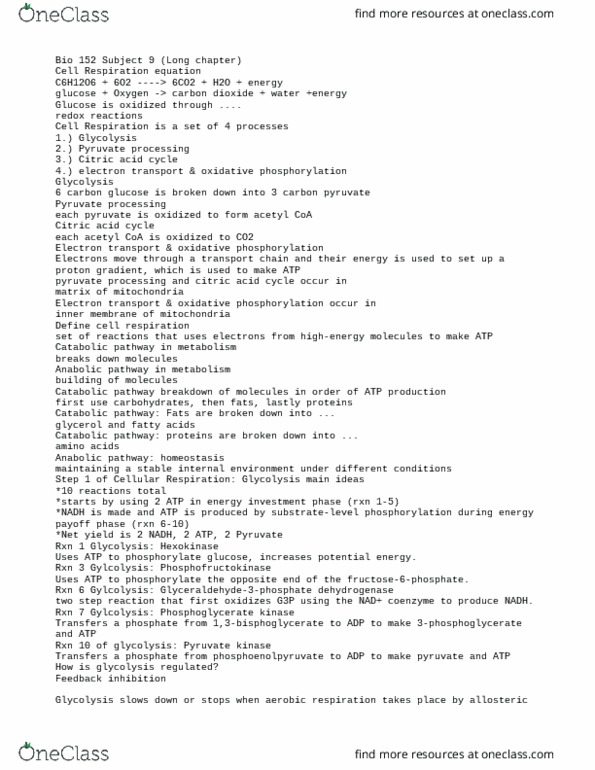 BIOL 152 Lecture Notes - Lecture 9: Phosphoglycerate Kinase, Oxidative Phosphorylation, Acetyl-Coa thumbnail