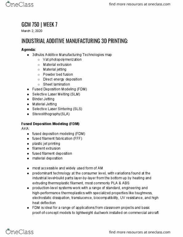 GCM 750 Lecture Notes - Lecture 7: Fused Filament Fabrication, Selective Laser Sintering, Polymerization thumbnail