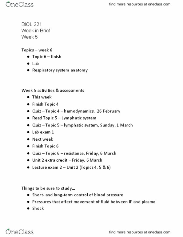 BIOL 221 Lecture Notes - Lecture 5: Hemodynamics, Respiratory System, Thymus thumbnail