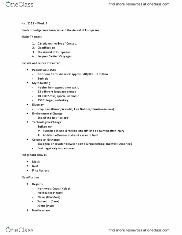 HIST 1113 Lecture Notes - Lecture 1: Columbian Exchange, Beringia, Stadacona thumbnail