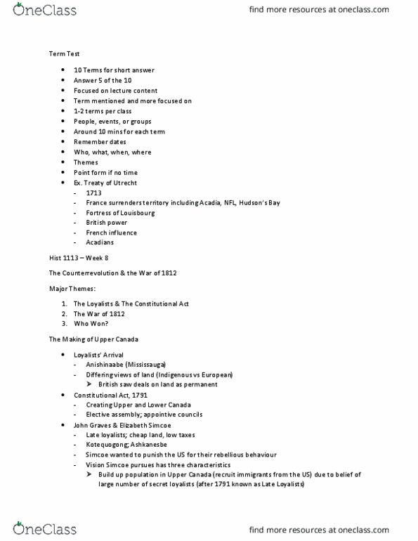 HIST 1113 Lecture Notes - Lecture 4: Elizabeth Simcoe, Lower Canada, Settler Colonialism thumbnail
