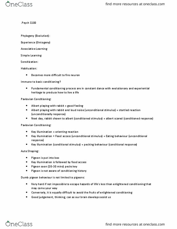 PSYC 1100 Lecture Notes - Lecture 4: Classical Conditioning, Ontogeny, Habituation thumbnail