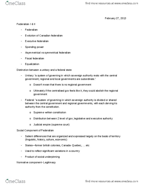 POL 2101 Lecture Notes - Fiscal Federalism thumbnail