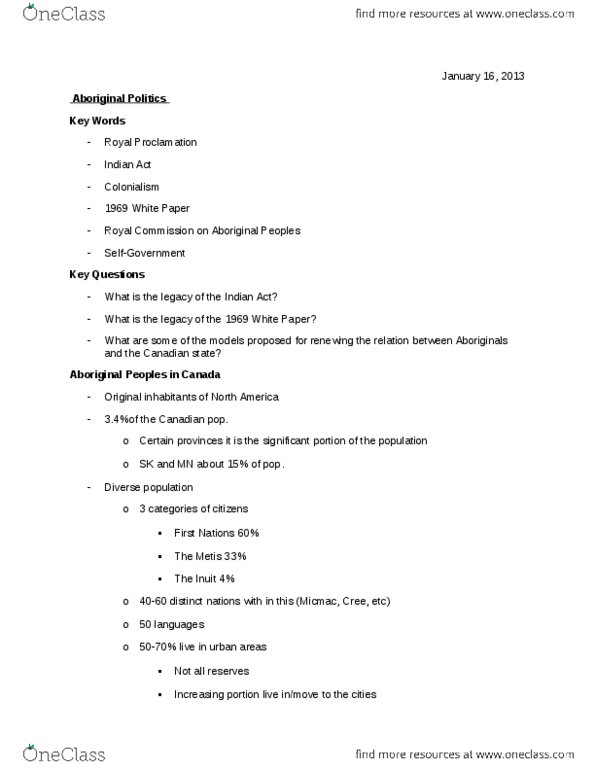 POL 2101 Lecture Notes - 1969 White Paper, Indian Act, Financial Compensation thumbnail