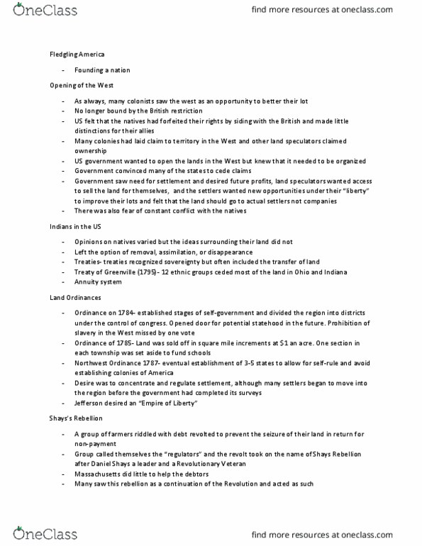 HIST 190 Lecture Notes - Lecture 10: Daniel Shays, Northwest Ordinance thumbnail
