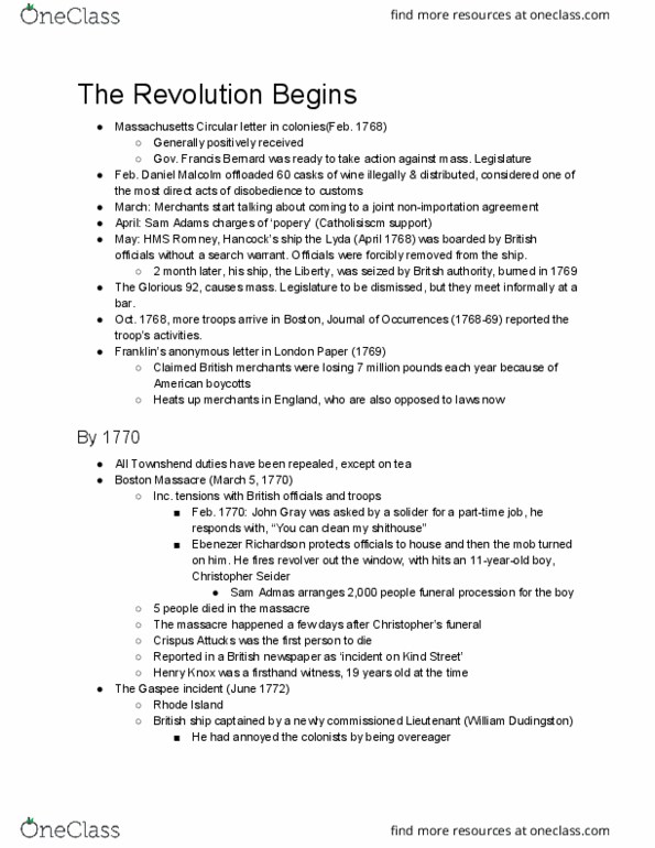 HI 114 Lecture Notes - Lecture 9: Crispus Attucks, Gaspee Affair, Henry Knox thumbnail