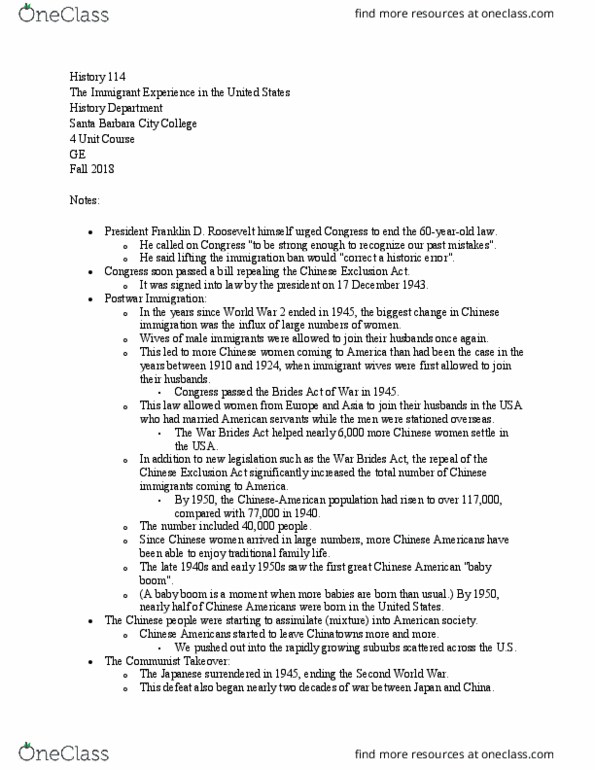 HIST 114 Chapter Notes - Chapter 4: War Brides Act, Santa Barbara City College, Mao Zedong thumbnail