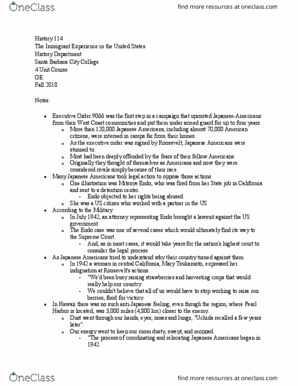 HIST 114 Chapter Notes - Chapter 5: Santa Barbara City College, Executive Order 9066, Nisei thumbnail