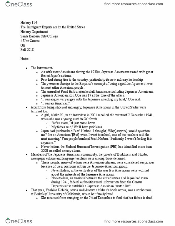 HIST 114 Chapter Notes - Chapter 5: Santa Barbara City College, Yoshiko Uchida, Attack On Pearl Harbor thumbnail