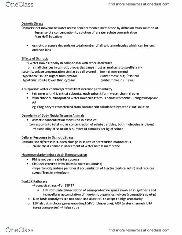 Biology 3466B Lecture Notes - Lecture 8: Osmotic Concentration, Osmotic Shock, Semipermeable Membrane thumbnail