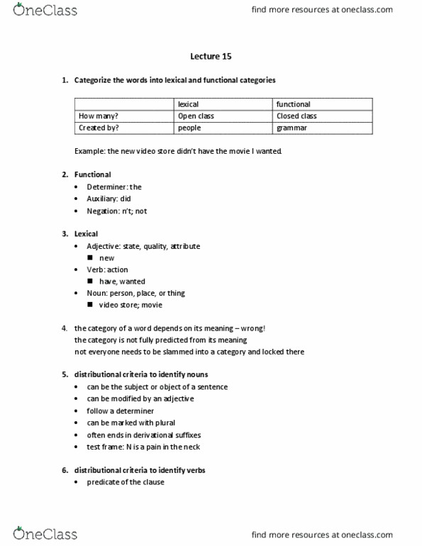 LING 100 Lecture Notes - Lecture 15: Part Of Speech, Determiner cover image