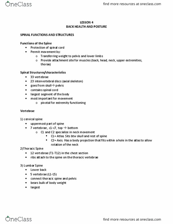 EXCI 202 Lecture Notes - Lecture 4: Thoracic Vertebrae, Lumbar Vertebrae, Axial Skeleton thumbnail