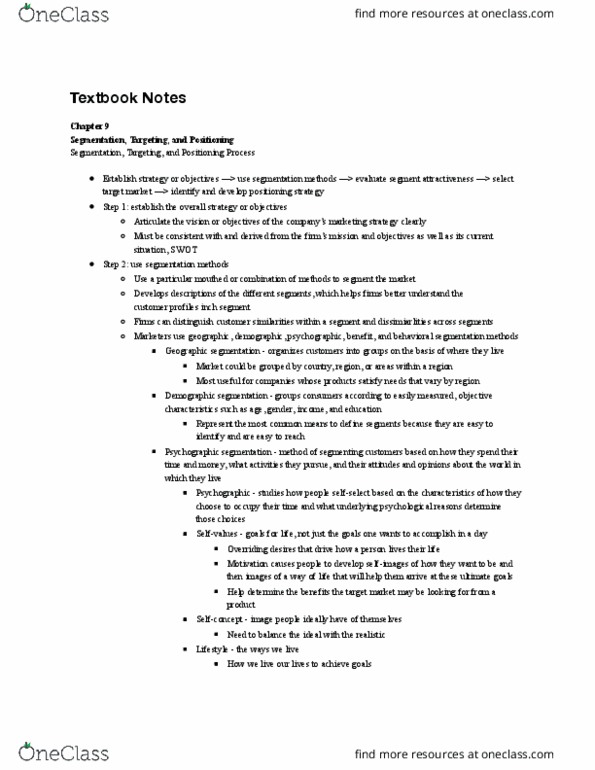 B A 370 Chapter Notes - Chapter 9: Target Market, Swot Analysis, Micromarketing thumbnail